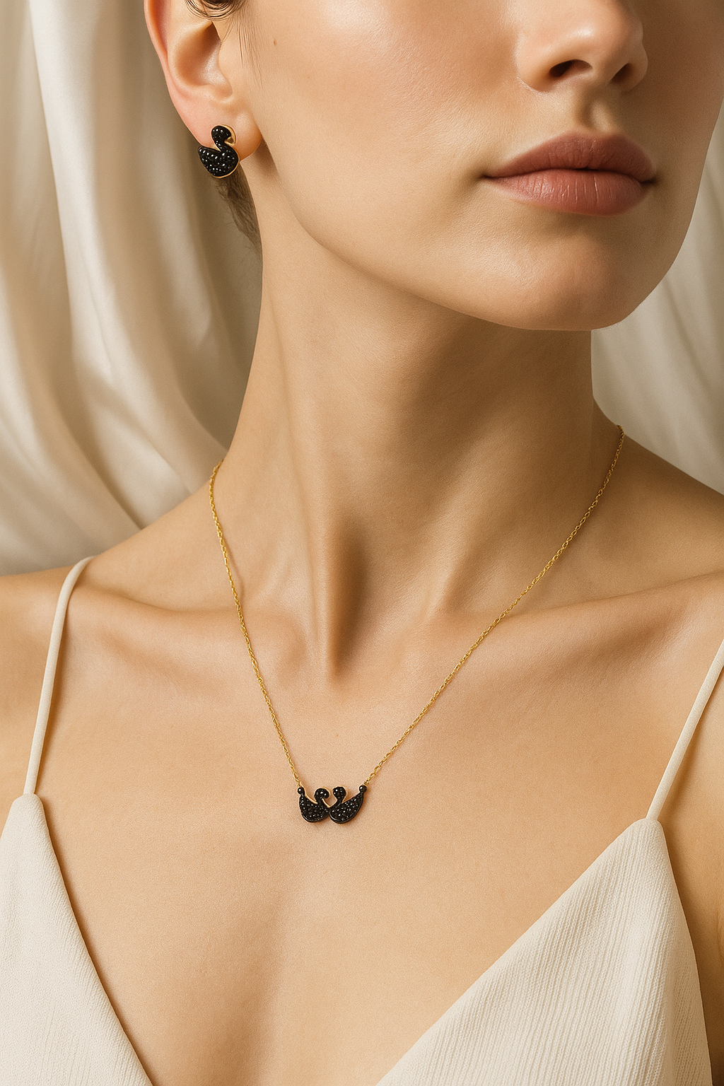 Black Swan Pendant Necklace & Stud Earrings Set