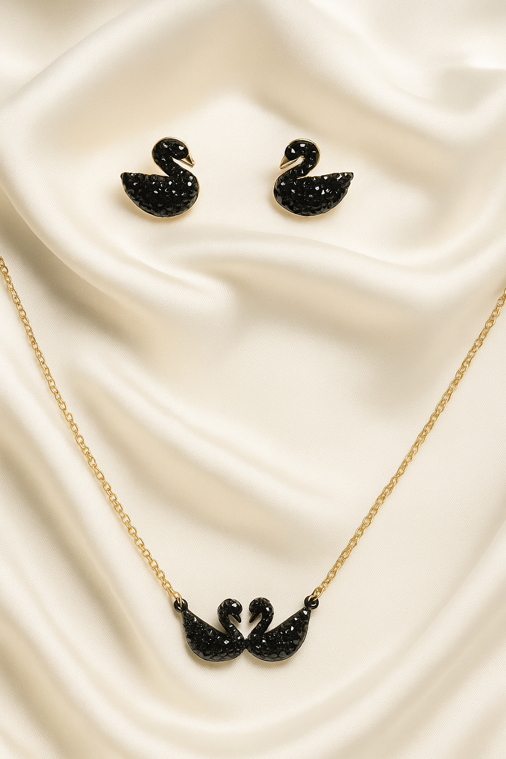 Black Swan Pendant Necklace & Stud Earrings Set