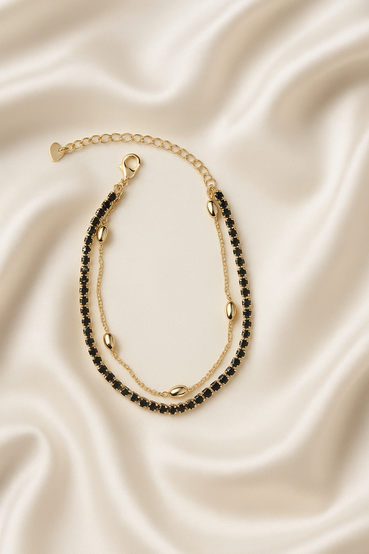 Chic Dual-Layer Gold-Toned & Black Bead Anklet